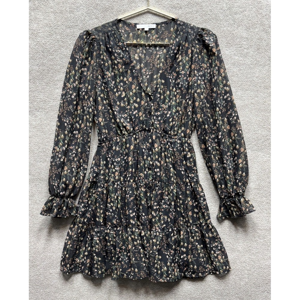 Baltic Born Huxley Tiered Mini Dress Black Floral S Long Puff Sleeve Ruffle